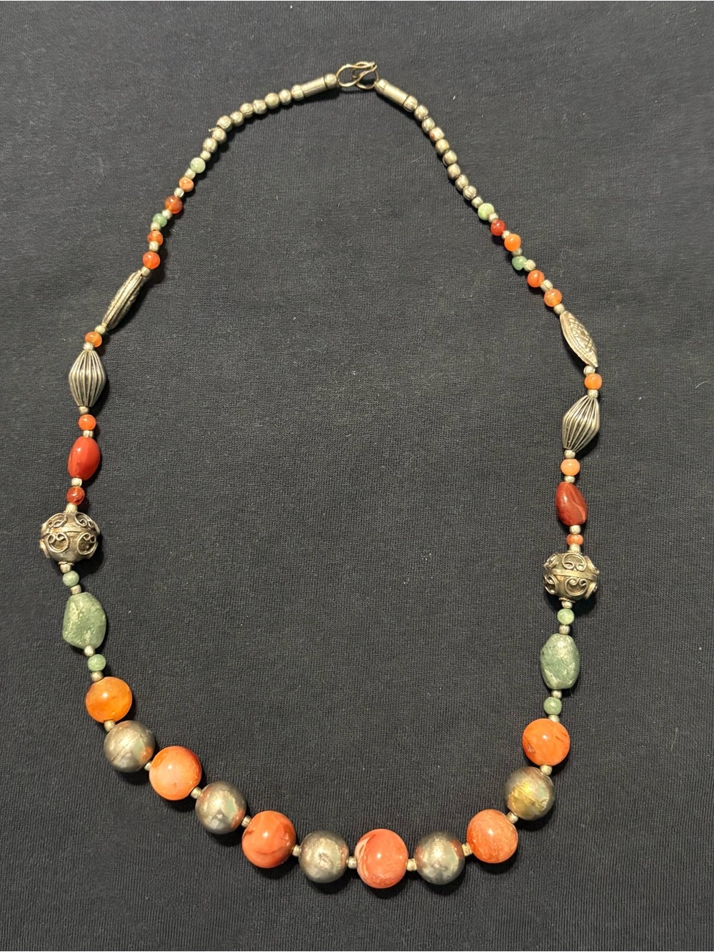 Artisan Boho Mixed Stone Beaded Necklace Orange Green Silver Tone Statement